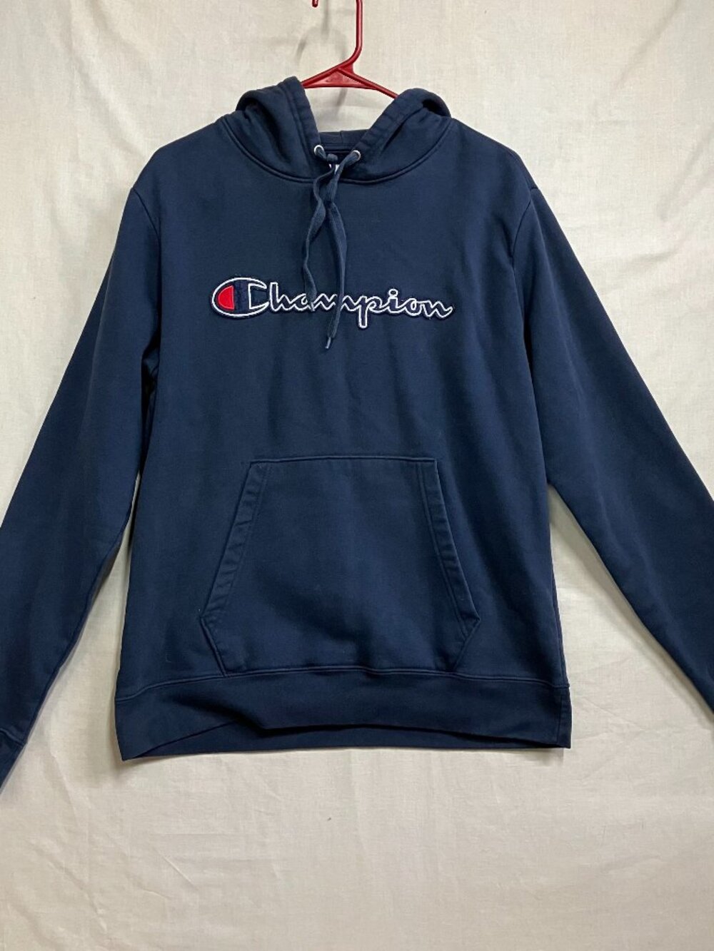 Champion Hoodie Mens Medium Navy Blue Script Logo Pullover Sweatshirt Cotton